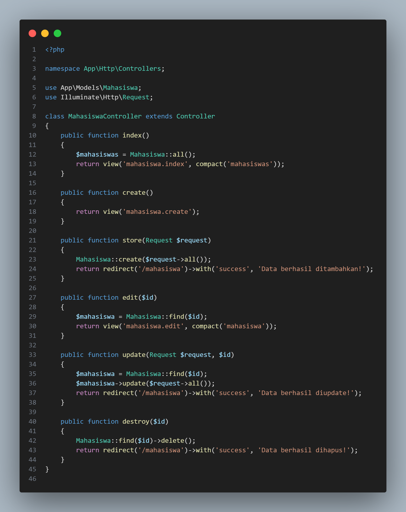 Isi file MahasiswaController.php